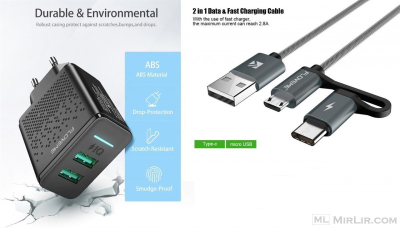 Dual USB EU Adapter Fast Ch iPhoneX78 + Cable