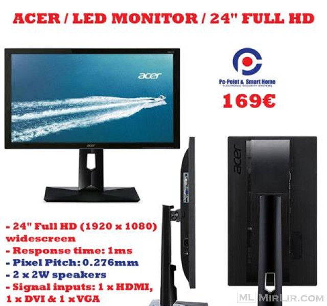 Acer LED monitor 24\" 1920 x 1080 Full HD HDMI, DVI & VGA