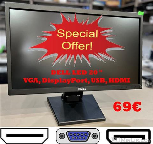 Super Monitor Dell 20 Inch LED Backlit HDMI, DP, VGA USB 69€