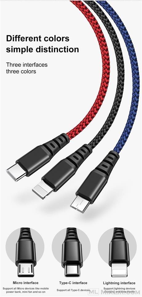 3 in 1 USB Cable for iPhone , Android Micro USB, Type C