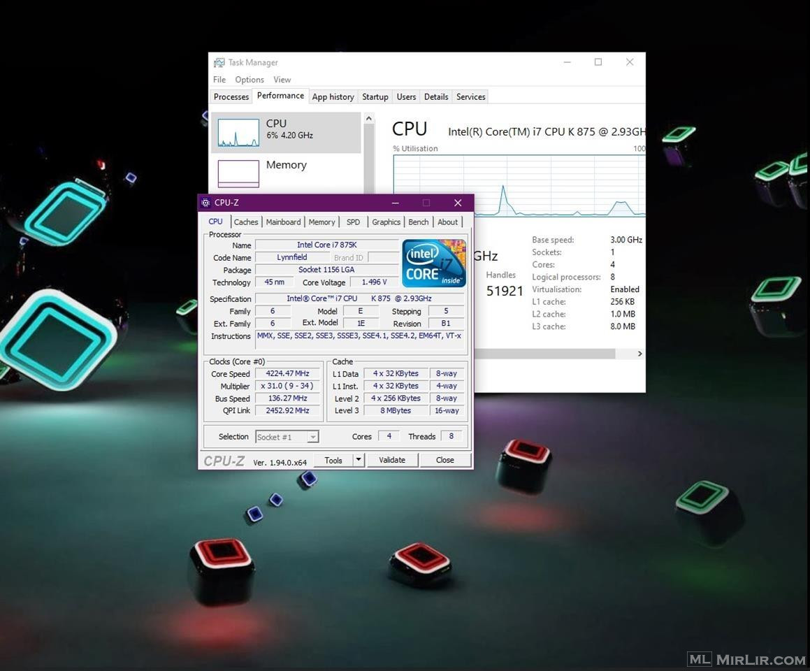 Asus Core i7 875k (8CPU 2.93 -Turbo 4.25 GHZ