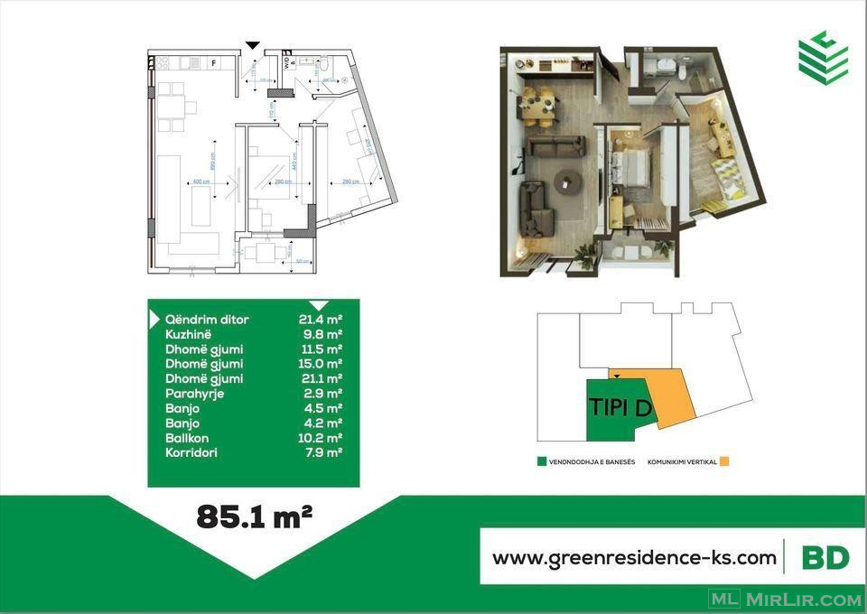 Banese 85.1m Terase + 2 dhoma Green Residence