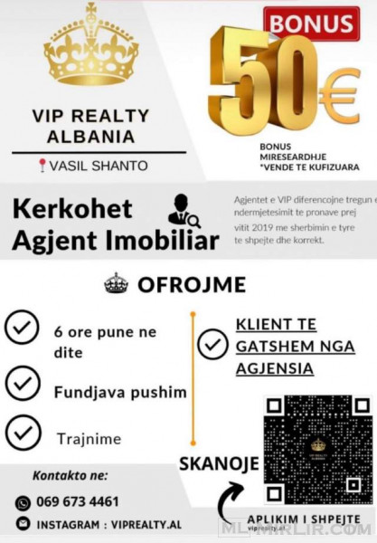 Ofrojme vend pune (agjent Real Estate) Tirane