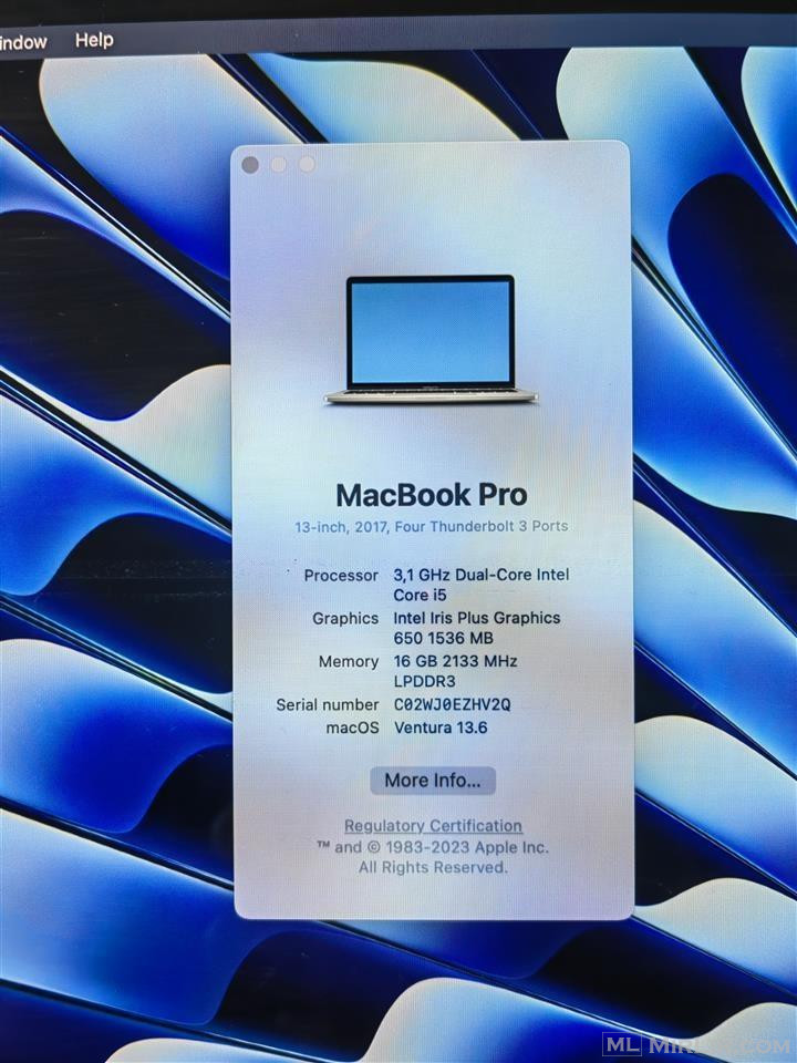 Macbook pro 13 2017 i5 16gb 256gb 