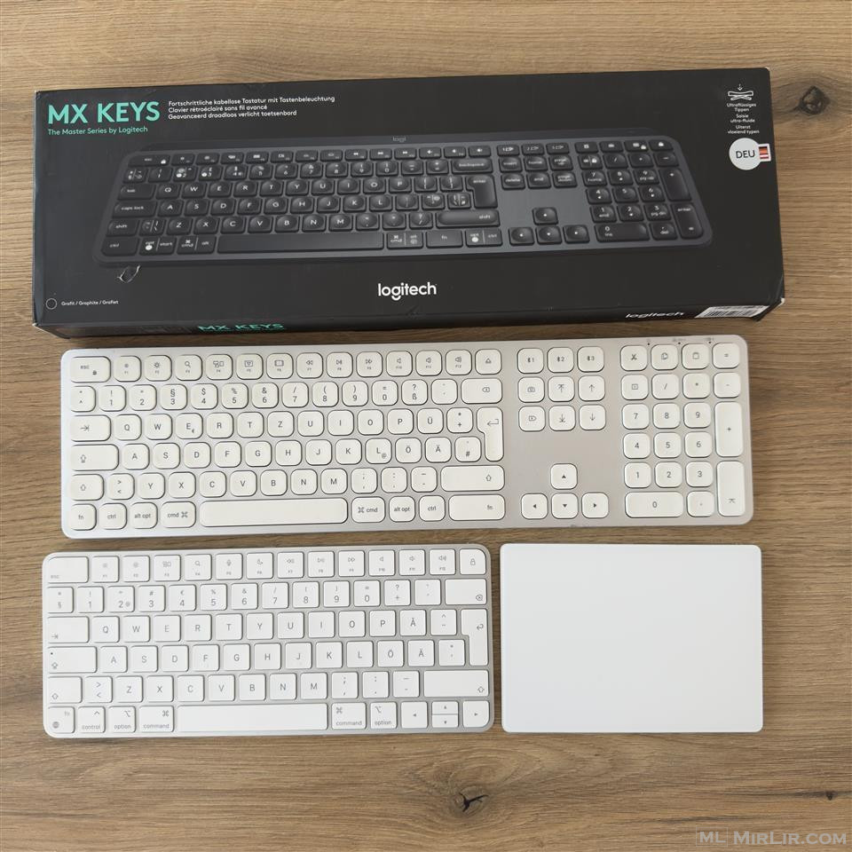 Logitech MX KEYS, Apple Keyboard 3, Trackpad 2 dhe Satechi