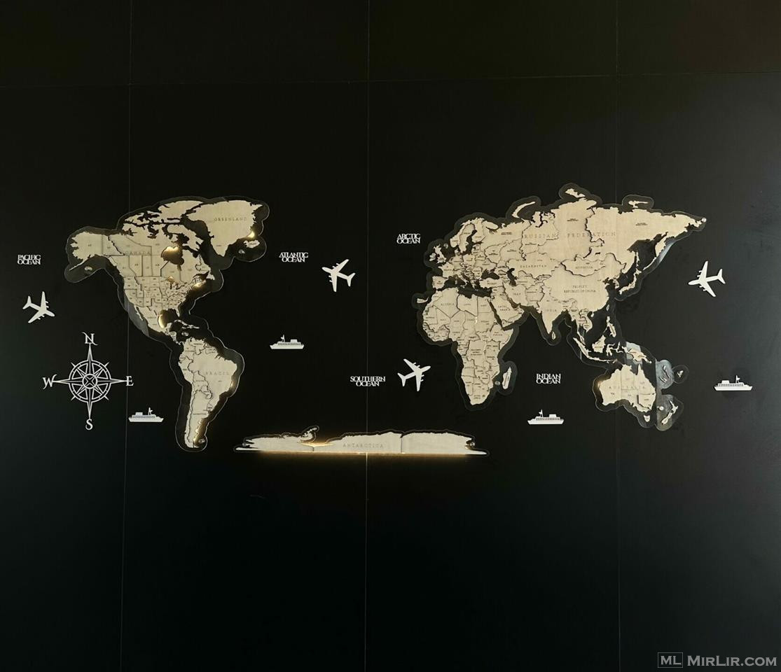 Harta e botës 3D – LED prej druri dhe Plexiglas