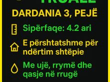 📢 SHITET TRUALL – DARDANIA 3, PEJË 📏 Sipërfaqe: 4.2 ari 🏗️ I përshtatshëm për ndërtim - shtepi 💧⚡ Me ujë, rrymë dhe qasje në rrugë  📞 Kontakto: 044 20 30 14