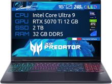 Laptop për lojëra Acer Predator Helios Neo 16s Ai, PC me procesor Intel Ultra 9 275HX, grafikë GeForce RTX 5070Ti 12GB, RAM 32GB DDR5, SSD 2TB 16, ekran OLED 240Hz, tastierë Thunderbolt 4 RGB